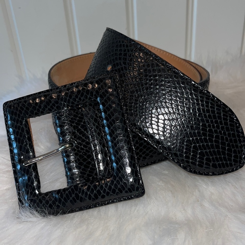 Black Snake-Embossed Wide Italian Leather Belt